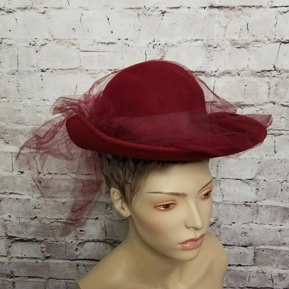 Vintage Michael Howard Maroon‎ Red Wool Hat Veil Church Derby Formal Wide Brim
